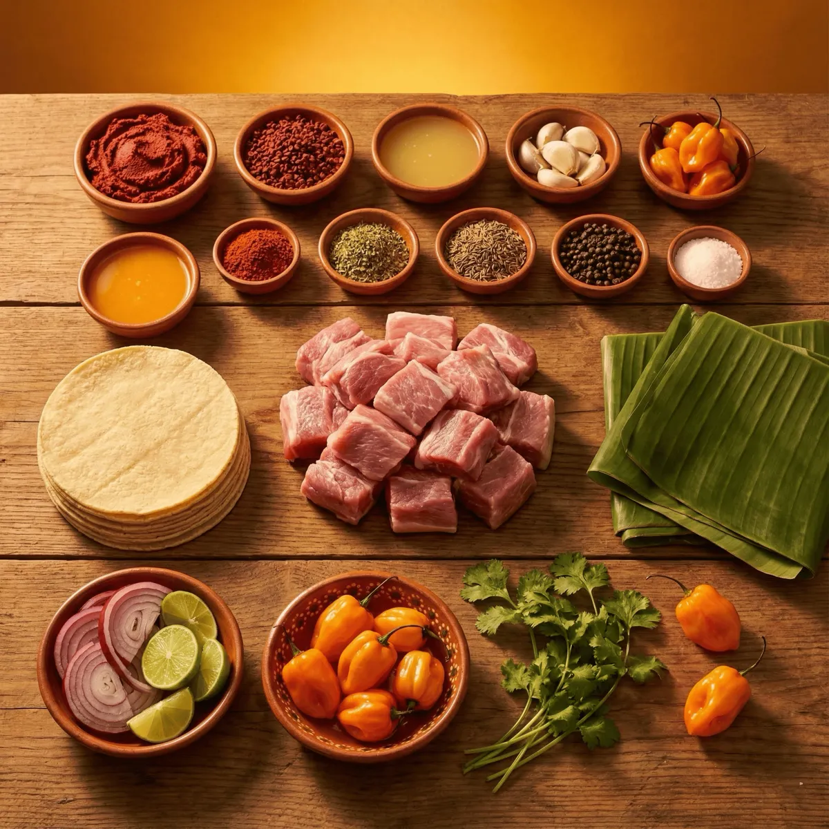 Cochinita Pibil ingredients, knolling-style mise en place